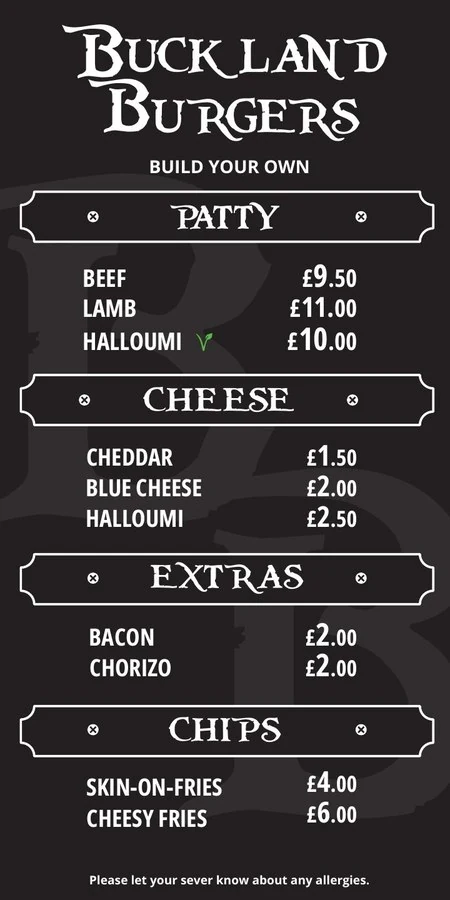 Buckland Burgers build-your-own menu