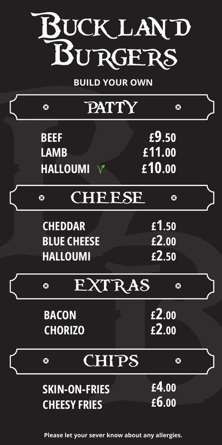 Buckland Burgers build-your-own menu