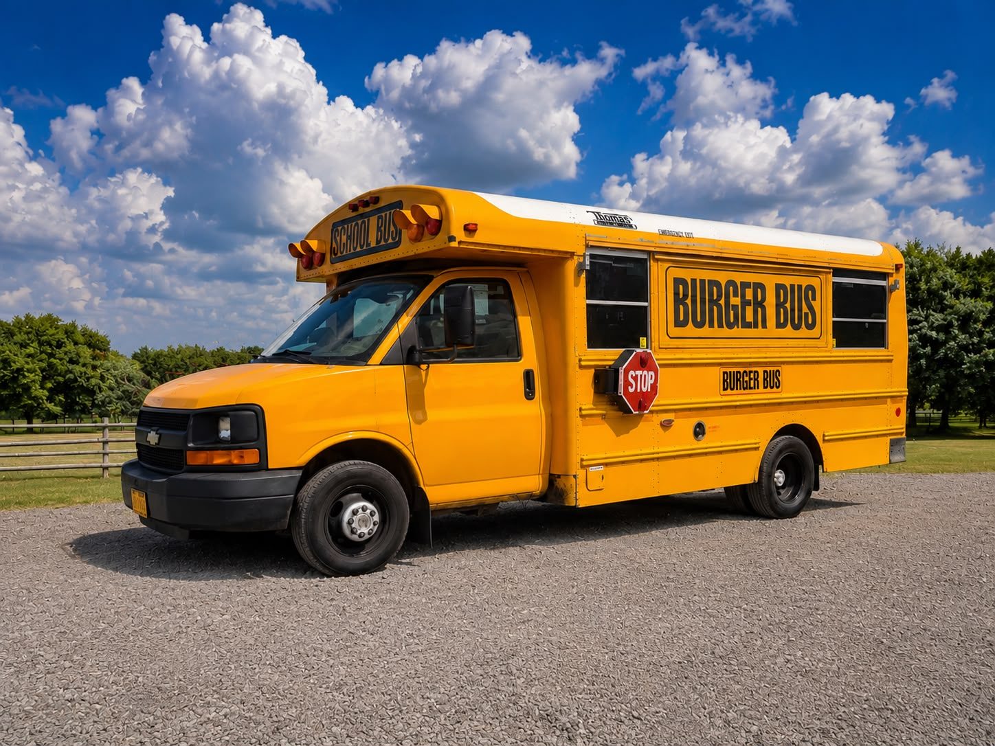 The Burger Bus, a converted yellow school bus